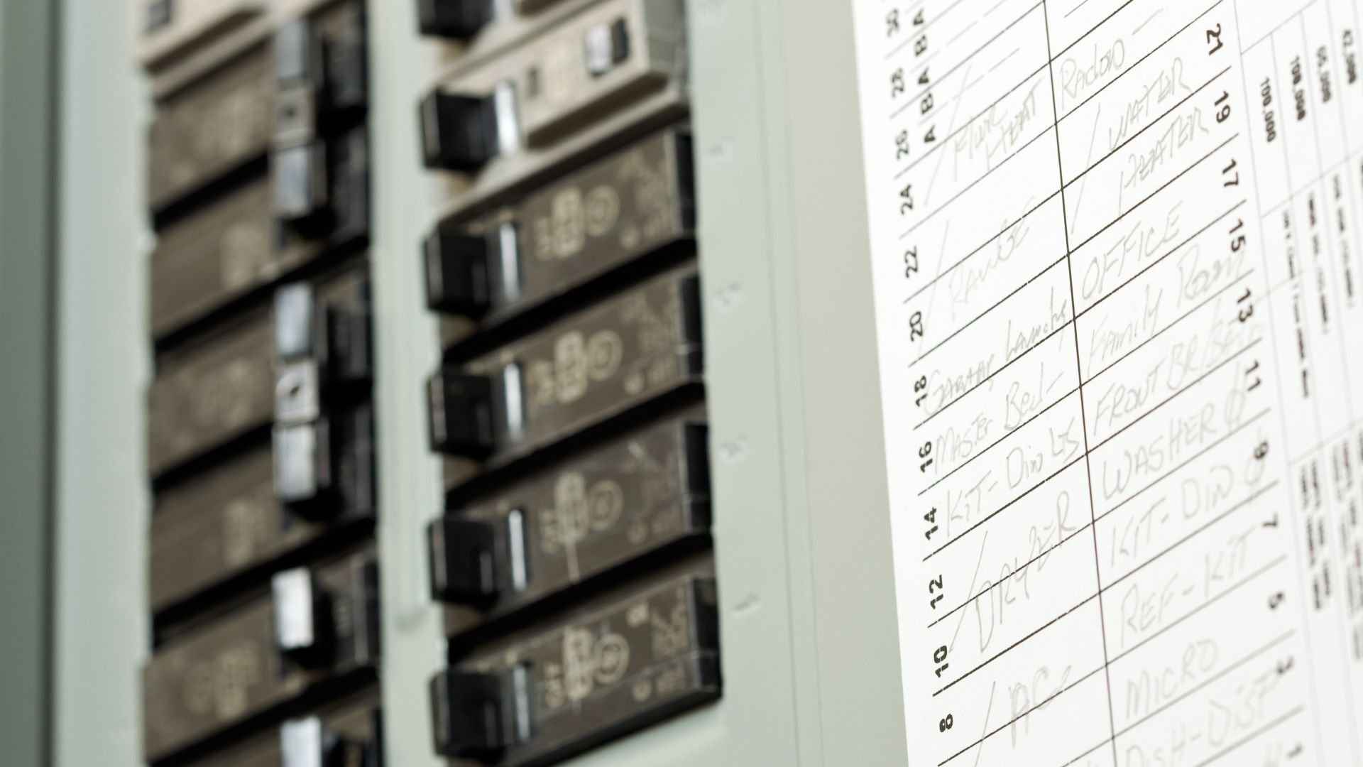 Electrical panel with circuit breakers and handwritten maintenance log