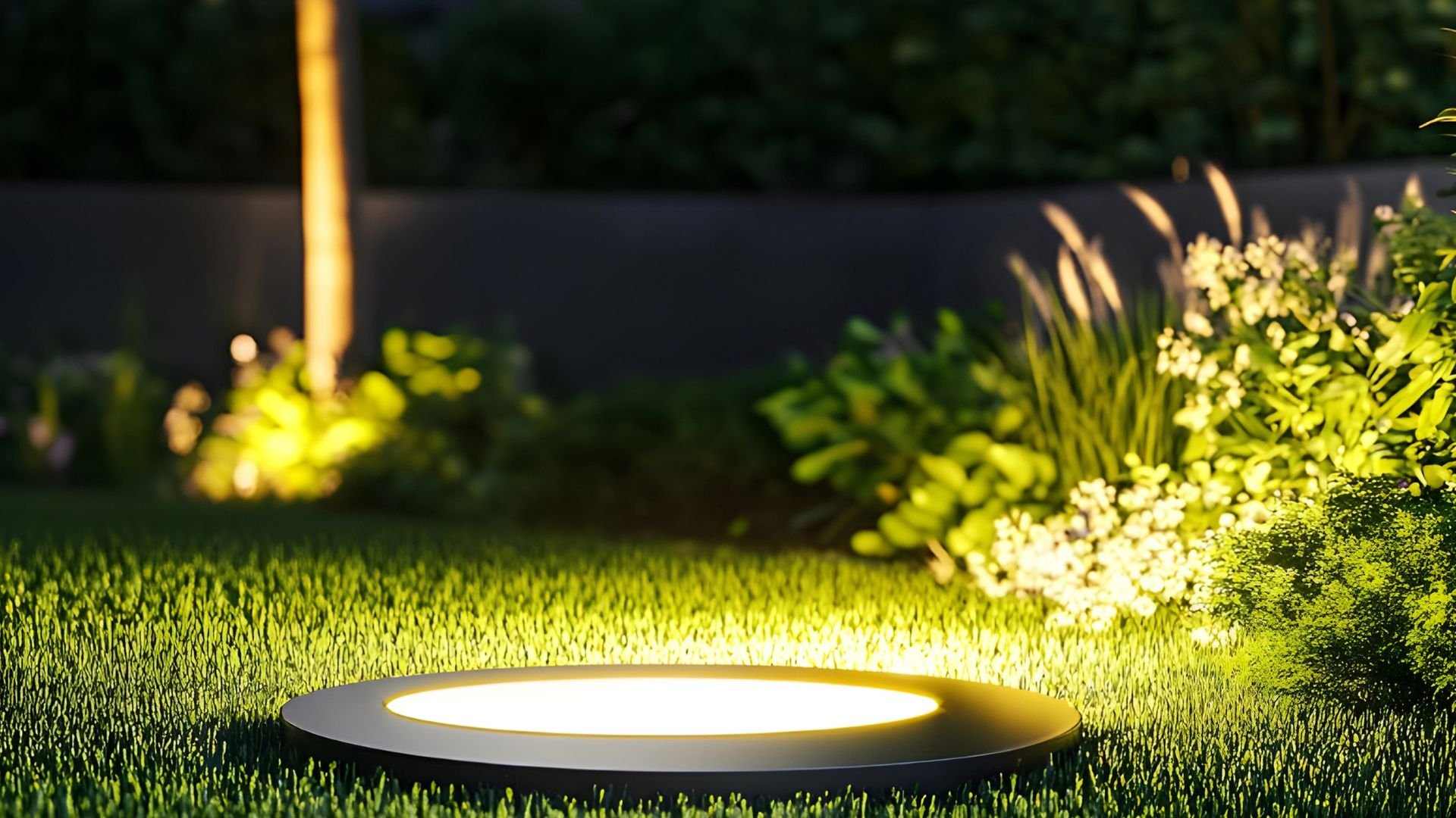 Glowing ground light illuminating lush green garden at night