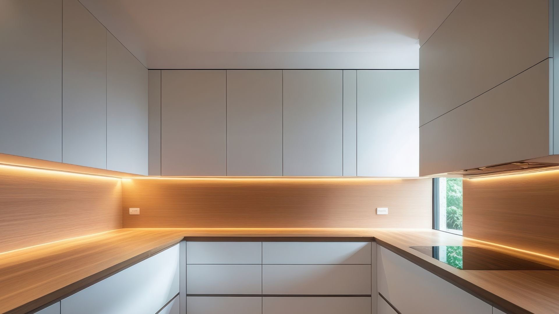 Minimalist kitchen with warm wood backsplash and under-cabinet lighting